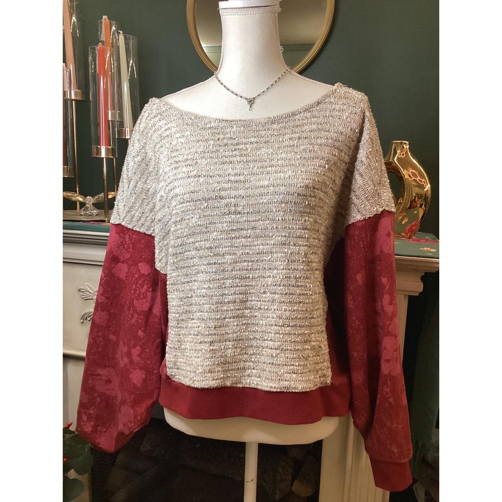 Saturday Sunday Anthropologie‎ Mixed Media Pullover Small Red Floral Boho
